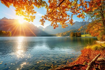 Autumn sunset at hintersee lake on a sunny day, creating a picturesque and beautiful natural scenery