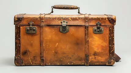 The image features a vintage suitcase positioned against a white background 