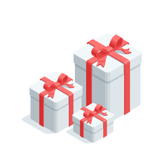 isometric vector set of boxes with red ribbon and bow, in color on white background, surprise or holiday gift