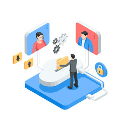 isometric vector business man uploading folder to cloud, in color on white background, shared cloud storage or remote work
