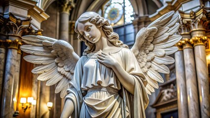 Marble statue of an angel with wings outspread wide with a peaceful expression on its face