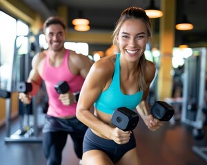Fototapeta premium Active couple engaging in fitness, doing lunges with hand weights in professional gym environment