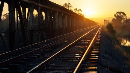 Fototapeta premium The golden hour illuminates a train bridge making it a pictureperfect sight.