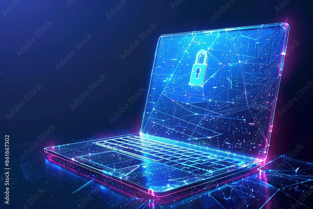 Fototapete Futuristic data protection concept with glowing low polygonal laptop and protective shield with access lock isolated on bright blue background. contemporary wireframe mesh design elegant design.