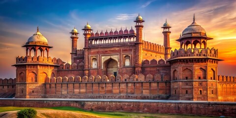 Vibrant Indian architecture, majestic Red Fort's imposing red sandstone walls and intricate white marble ornaments, set against a clear blue Delhi sky at sunset.