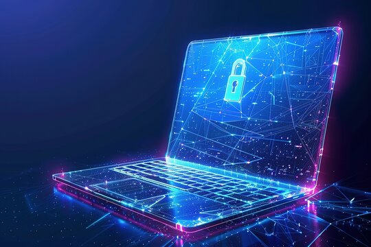 Futuristic data protection concept with glowing low polygonal laptop and protective shield with access lock isolated on bright blue background. contemporary wireframe mesh design elegant design.