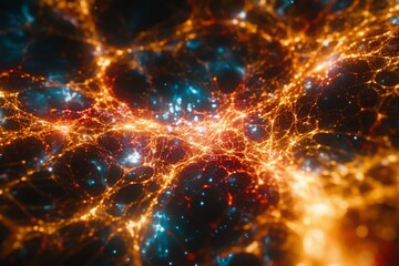 Obraz premium Complex network of glowing orange and blue neural-like structures, resembling a microscopic view of neurons firing or a cosmic web, digital background