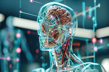 Human anatomy. The anatomical model of a human lymphatic system is rotated around its axis on futuristic head-up display