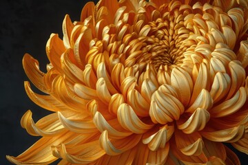 A chrysanthemum with intricate petals, colored in shades of gold, set against a charcoal backdrop. The complexity and detailed structure of the chrysanthemum are highlighted.