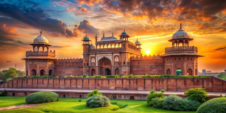 Vibrant sunset casts a warm glow on the majestic Red Fort's intricate red sandstone architecture and lush green gardens in Delhi, India's capital city.