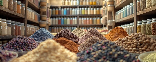 Mountains of assorted spices and herbs inside a shop with jars and books in the background