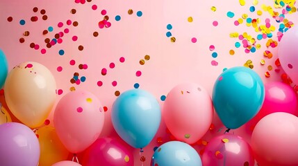 A pink background with colorful balloons and confetti.