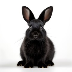 The image shows a black rabbit with large ears sitting on a white background. 