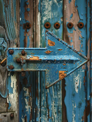 Rusty metal arrow sign on a weathered wooden background