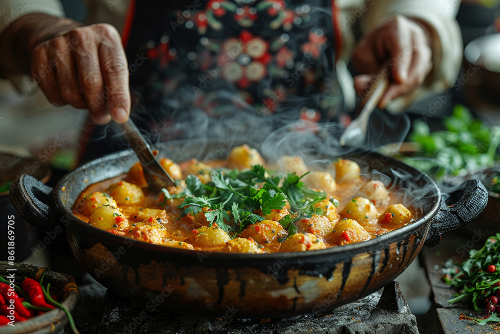 Sticker A person cooking a traditional meal, showcasing culinary heritage. Concept of food culture and tradition. Generative Ai.