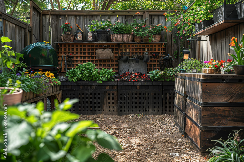 Wall mural a home composting setup in a backyard, illustrating natural recycling. concept of waste management a