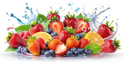Set of various fruits and berries with splashes of juice