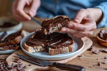 a man wearing blue jeans blouse, a glass of milk, a container of cream, and a piece of wholegrain bread on a cutting board with a knife spreading chocolate hazelnut cream over them.