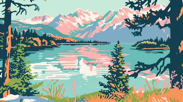 Risograph riso print national park poster illustration of Lake Clarke, Alaska, modern, isolated, clear, simple. Artistic, screen printing, stencil, stencilled, graphic design. Banner, wallpaper