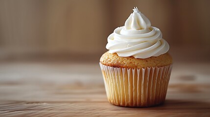The image shows a close-up of a cupcake with a swirl of white frosting on top, placed on a wooden surface 