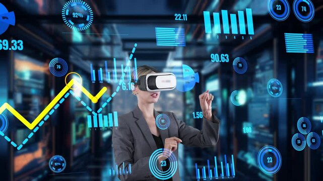 Businesswoman selecting digit dynamic market data scattering graph analysis monitor VR future global innovation interface digital infographic network technology visual hologram animation. Contraption.