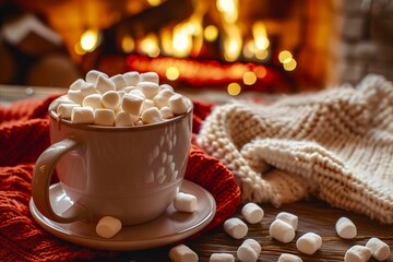 A cup of hot chocolate with marshmallows in front of a fireplace.