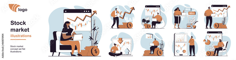 Aufkleber stock market concept with people scenes mega set in flat web design. bundle of character situation w