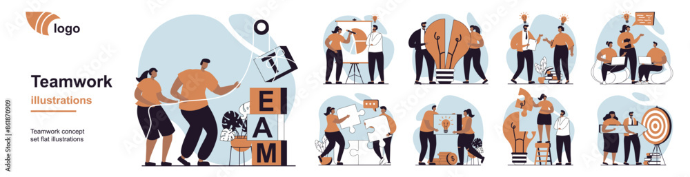 Poster Teamwork concept with people scenes mega set in flat web design. Bundle of character situation with team working at project, brainstorming, targeting, achieve business goals. Vector illustrations.