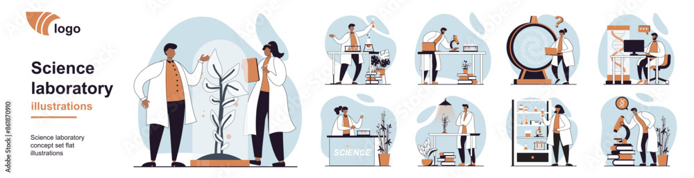 Aufkleber Science laboratory concept with people scenes mega set in flat web design. Bundle of character situation with scientific research, chemical tests, experiment discoveries in lab. Vector illustrations.