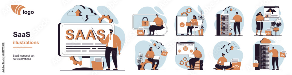 Poster SaaS concept with people scenes mega set in flat web design. Bundle of character situation with users use software as a service, subscription to programs with cloud storage. Vector illustrations.