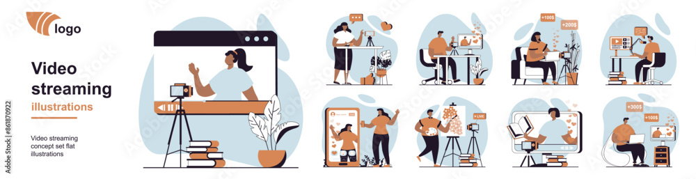 Aufkleber video streaming concept with people scenes mega set in flat web design. bundle of character situatio