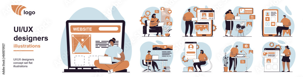 Fototapete UI and UX designers concept with people scenes mega set in flat web design. Bundle of character situation with creating and coding wireframe layouts interfaces for mobile apps. Vector illustrations.