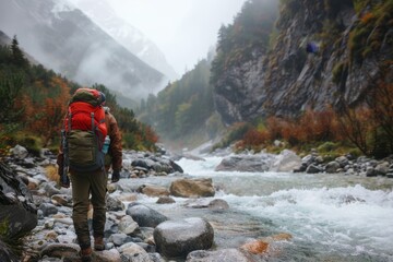 European hiker crossing tranquil river in stunning and majestic mountainous natural landscape