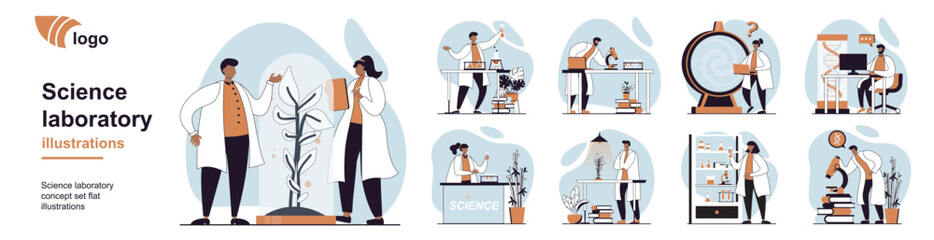 Science laboratory concept with people scenes mega set in flat web design. Bundle of character situation with scientific research, chemical tests, experiment discoveries in lab. Vector illustrations.
