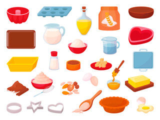 Cooking tools. Baking tray and ingredients, shapes for cookies. Raw food, butter flour sugar powder and oil. Milk and water in jugs, neoteric vector set