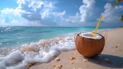 The image shows a coconut with a straw on a beach, The coconut is on the sand ocean is in the background 