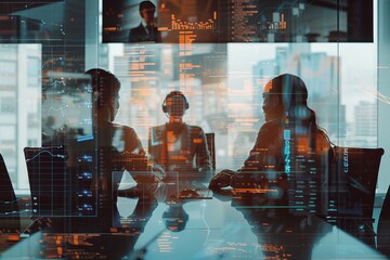 Innovative generative ai enhances business meeting  virtual screen double exposure with colleagues