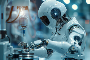 Fototapeta premium A robot performing intricate surgery with precision, showcasing medical advancements. Concept of robotics and healthcare. Generative Ai.