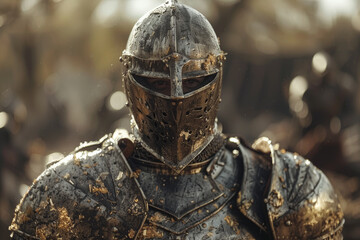 Fototapeta premium A knight in shining armor, ready for battle, capturing chivalric romance. Concept of history and bravery. Generative Ai.