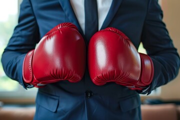 Competitive businessman in boxing gloves signifying office rivalry and corporate competition