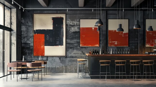 eye level, photo, bar, minimalistic interior, abstract large art frame, office snapshot, frame magazine