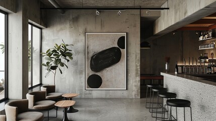 eye level, photo, bar, minimalistic interior, abstract large art frame, office snapshot, frame magazine