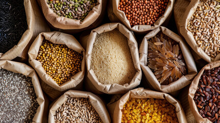 Fototapeta premium Assorted whole grains and seeds in paper bags. Whole Grains Month, health and nutrition concept.