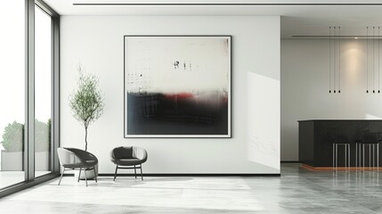 eye level, photo, bar, minimalistic interior, abstract large art frame, office snapshot, frame magazine
