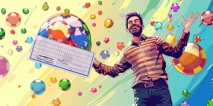 A man gestures triumphantly, displaying a giant novelty-sized novelty check, the reward for being the grand prize winner of the charity bingo event.