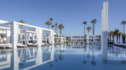 A large, clear swimming pool surrounded by white cabanas and palm trees. The pool is reflecting the blue sky and white structures of the resort