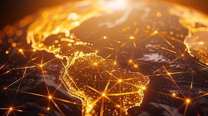 The image shows a globe with a network of lines connecting various countries, all rendered in a warm golden hue