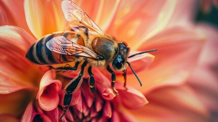 A close-up shot of a honeybee collecting pollen from a pink dahlia flower. The bee is in focus, while the flower is slightly blurred in the background