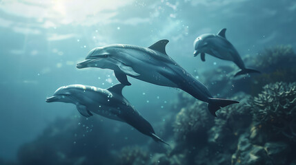 A close encounter with a group of dolphins swimming gracefully near coral reefs, showcasing their realistic skin tones and dynamic movements.