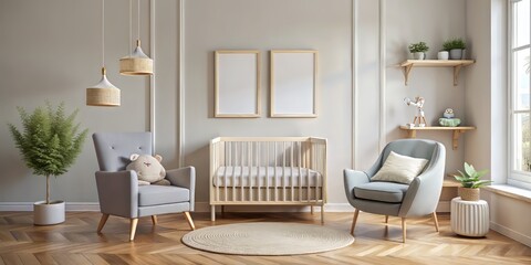 Modern Scandinavian-style child's room with empty vertical picture frame on white wall, cozy chair, and baby bed, providing ample copy space, in soft 3D rendering.